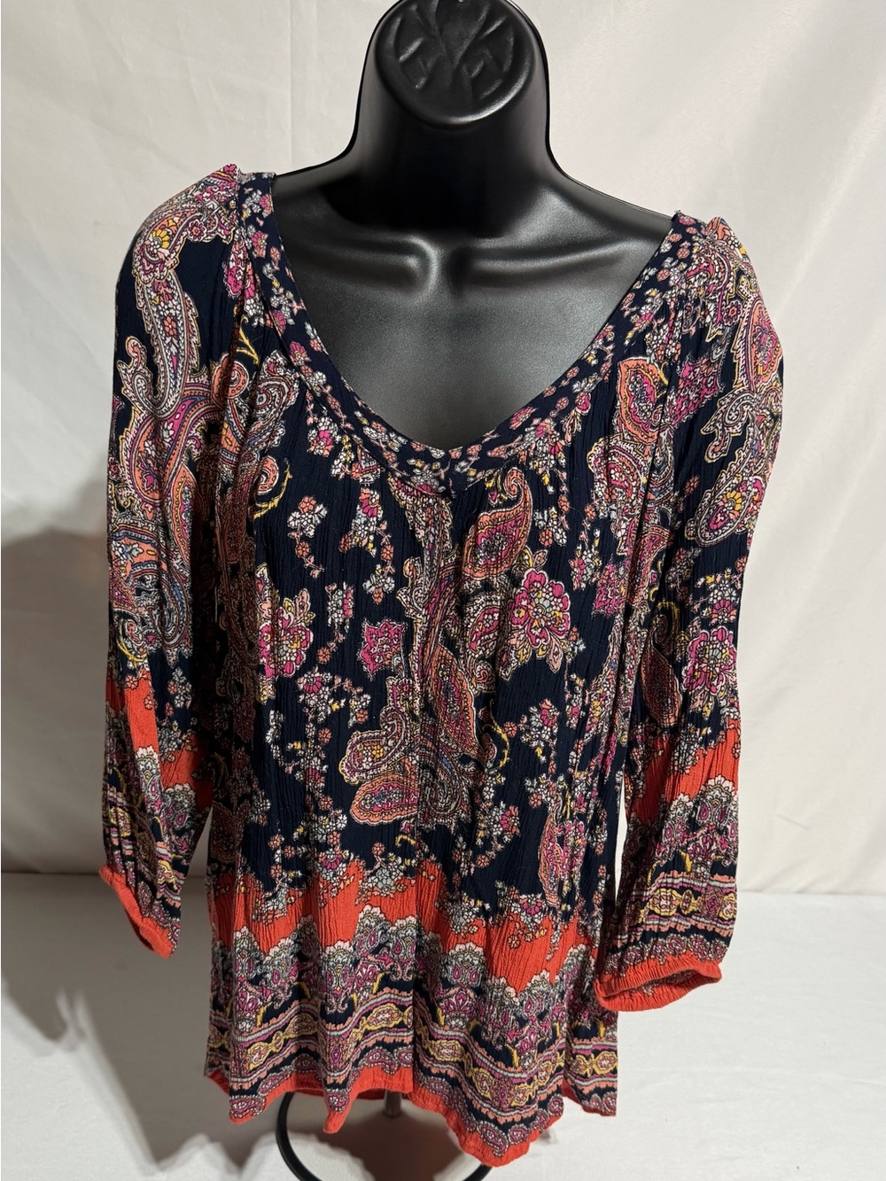 Bila Boho Paisley & Floral 3/4 Sleeve Peasant Blouse Women’s Medium